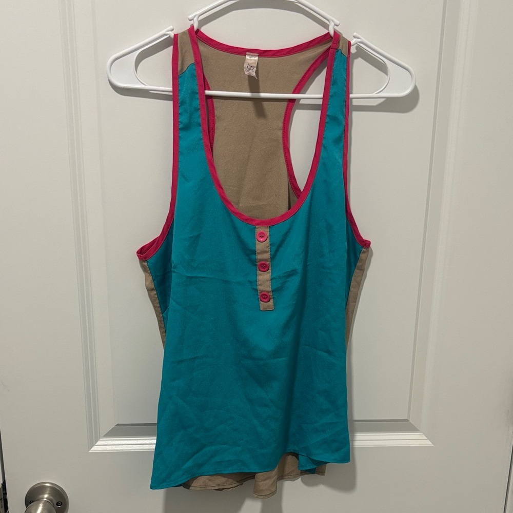 Teal and Tan Women's Tank Top with Pink Accents